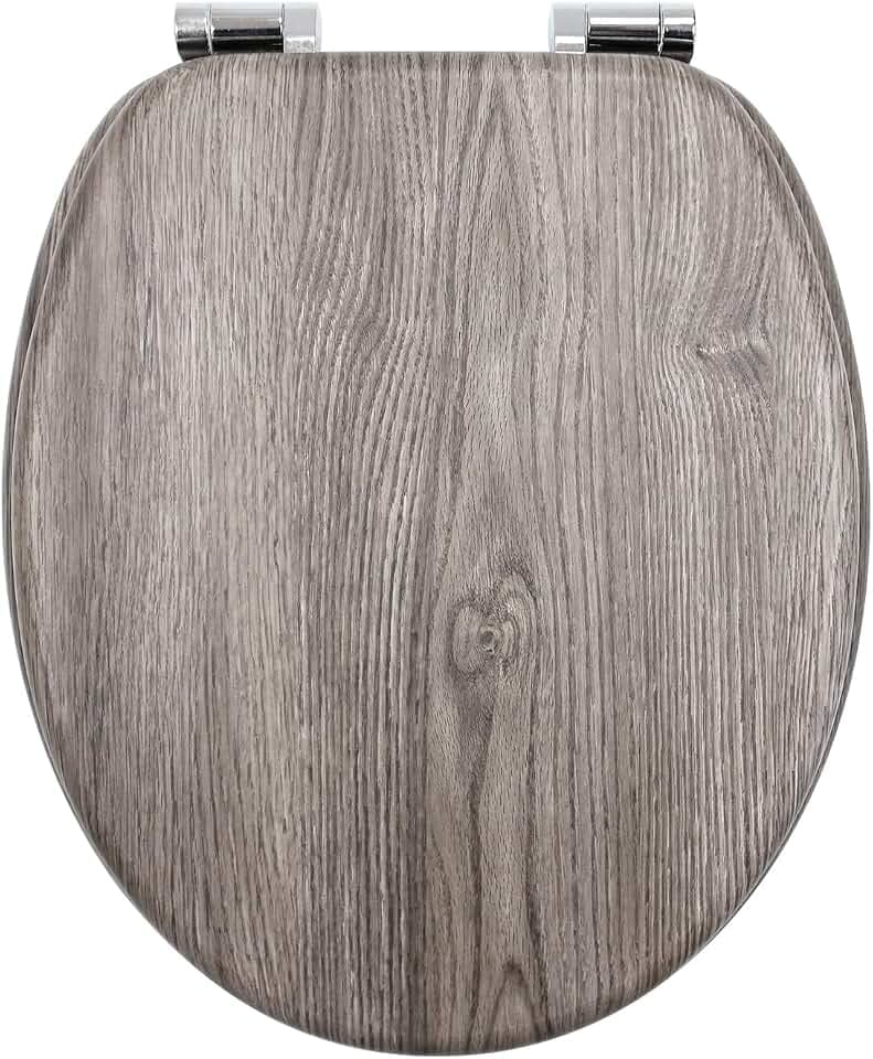 WC-Sitz mit Absenkautomatik, Toilettendeckel aus stabilem MDF-Holzkern, Verstellbare Scharniere aus Zinklegierung (Befestigung von unten), Standard O-Form, Pflegeleicht (jhe105-3-01)