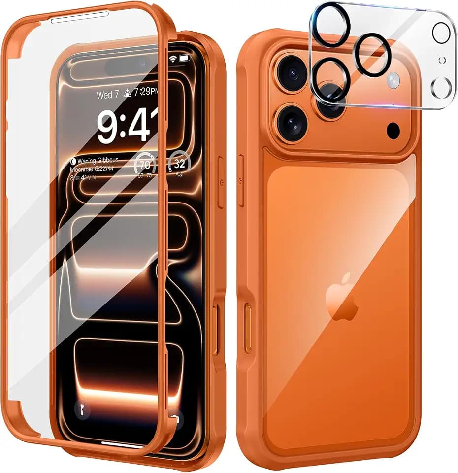 seacosmo für iPhone 17 Pro Hülle mit eingebautem Panzerglas Displayschutz und Kamera Schutzfolie [9H HD], 360 Grad Handyhülle Ganzkörper Stoßfeste iPhone 17 Pro Case - Orange