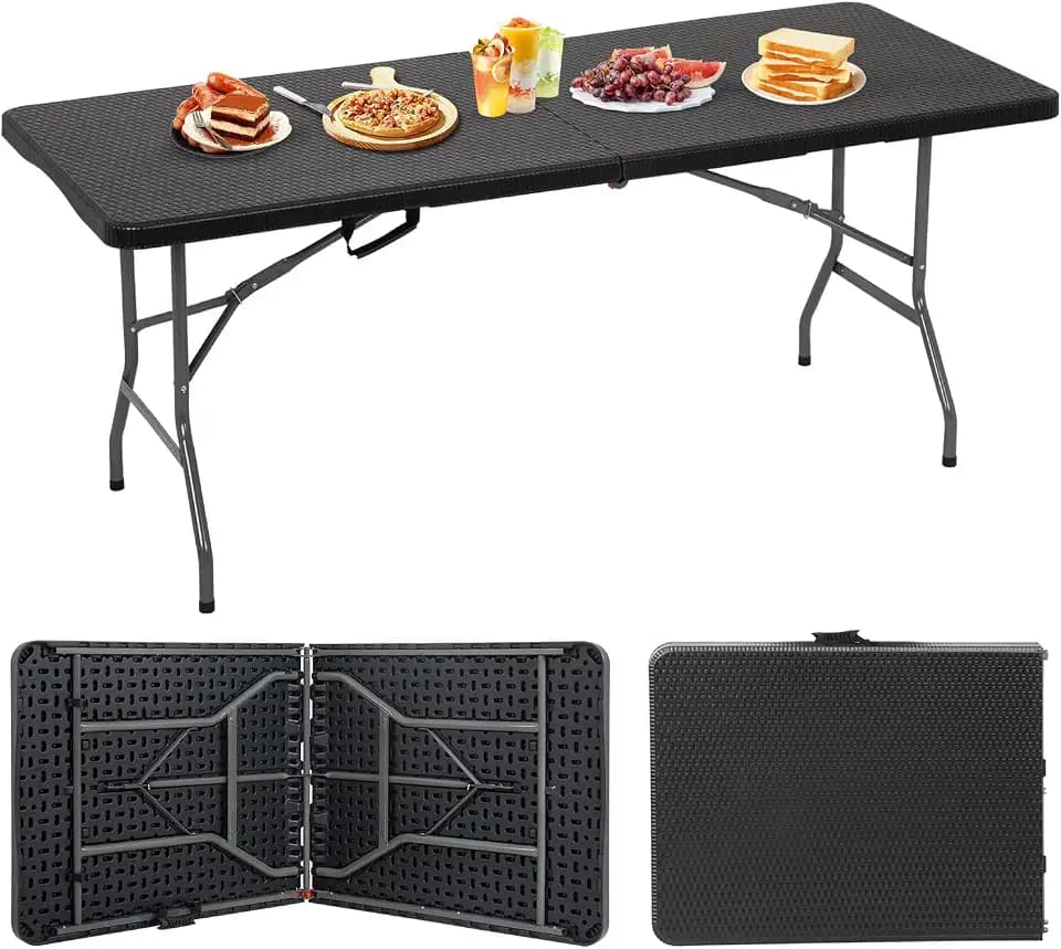 BestOffice | 6FT Folding Table | Black Ratten | Portable Plastic Table