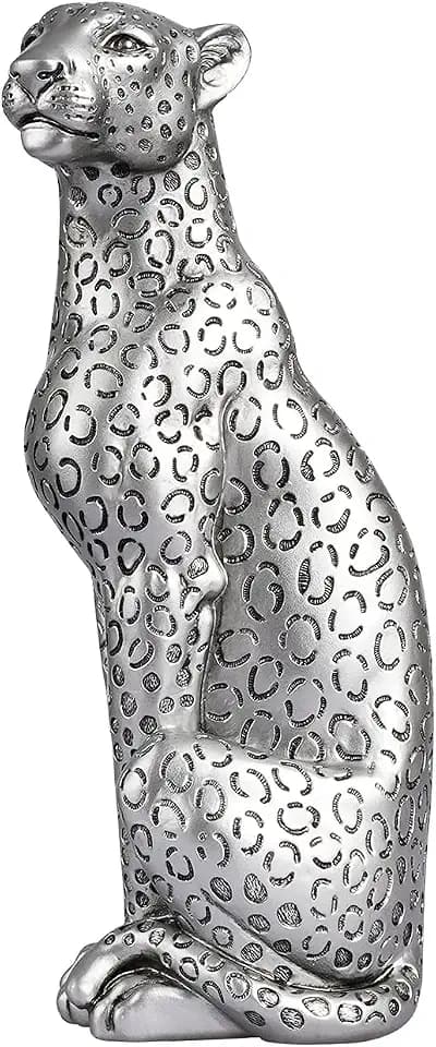 Gepardenstatue - Heimdekoration Leopard Skulptur aus Harz, sitzende Gepardenfigur, Schreibtisch- und Tischornament, Dekoration für Zuhause und Büro, Silber