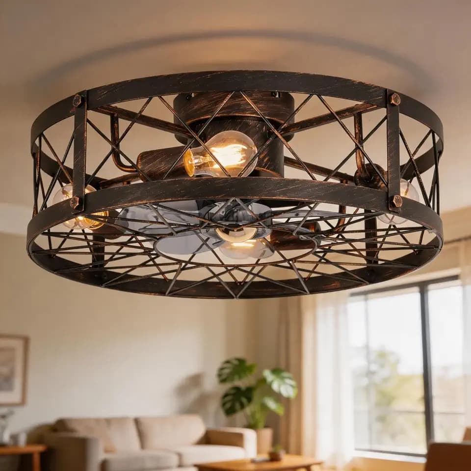 20" Farmhouse Flush Mount Caged Ceiling Fan with Lights and Remote, Rustic Low Profile Fandelier, Quiet 6 Speeds Reversible Enclosed Bladeless Small Ceiling Fans for Bedroom Living Room Kitchen