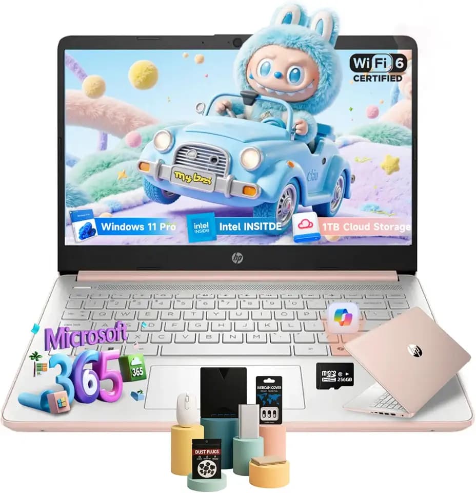 HP 2025 14 Inch Laptop Computer, Intel Processor N150, 16GB RAM, 384GB Storage(128GB UFS+256GB MSD), Windows 11 Pro, Copilot AI, Wi-Fi 6, Webcam, Rosegold