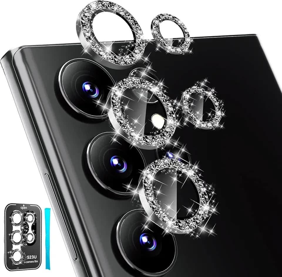 CloudValley [3+2Pcs for Camera Lens Protector Samsung Galaxy S23 Ultra, 9H Tempered Glass + Aluminum Alloy Metal Individual Lens Screen Ring for S23 Ultra 6.8in 5G 2023 [Removal Tool] - Glitter Black