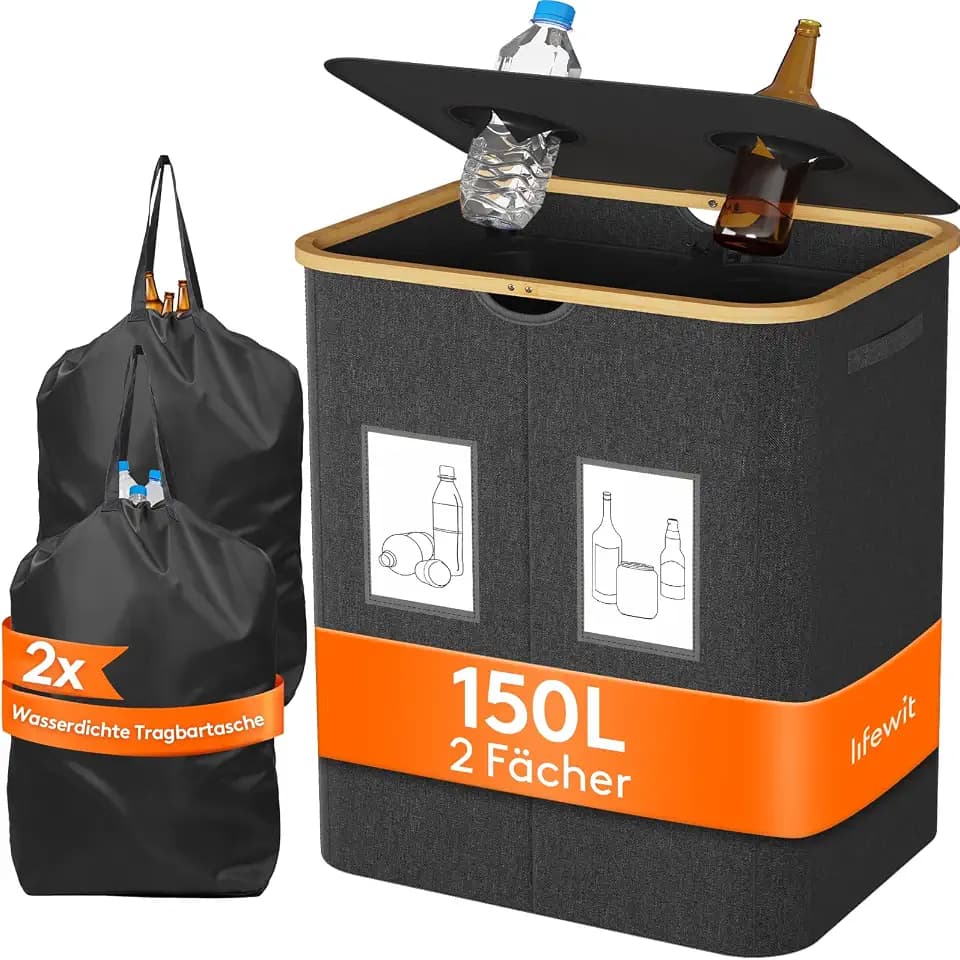 Lifewit 150L Pfandflaschen Sammelbehälter mit 2 Fächern, Dunkelgrau