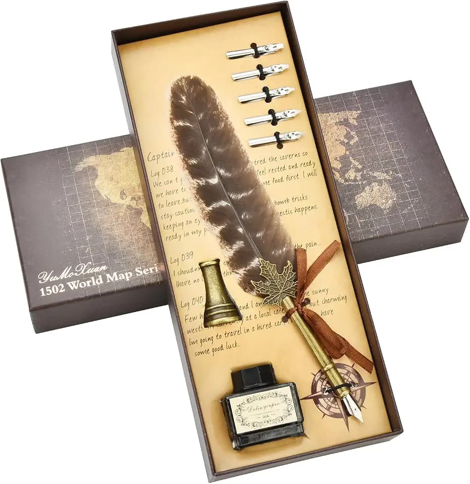 Hethrone Calligraphy Quill Pen Feather Pen and Ink Set,Brown
