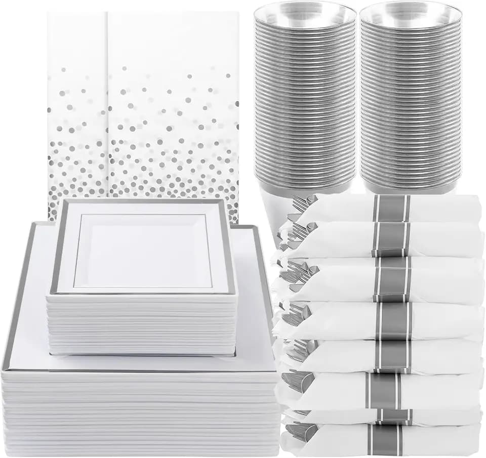 Goodluck 352Pcs Silver Square Plastic Plates with Silver Trim for 50 Guests