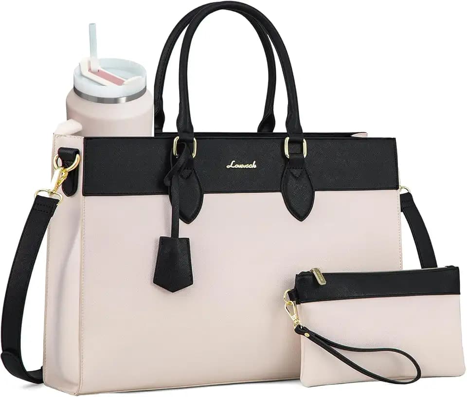 LOVEVOOK Laptop Bag for Women, Waterproof Leather Laptop Tote Bag, Large Professional Work Bag Purse & Business Computer Briefcase for Office, Teacher, Gifts, Beige & Black Two-tone