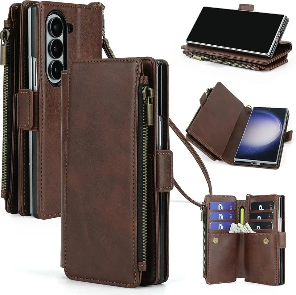 for Samsung Galaxy Z Fold 5 Wallet Case with S Pen Holder,PU Leather Strap Wristlet Flip Case with Magnetic Closure[S-Pen Fully Compatible],Card Holder[RFID Blocking] and Kickstand Coffee