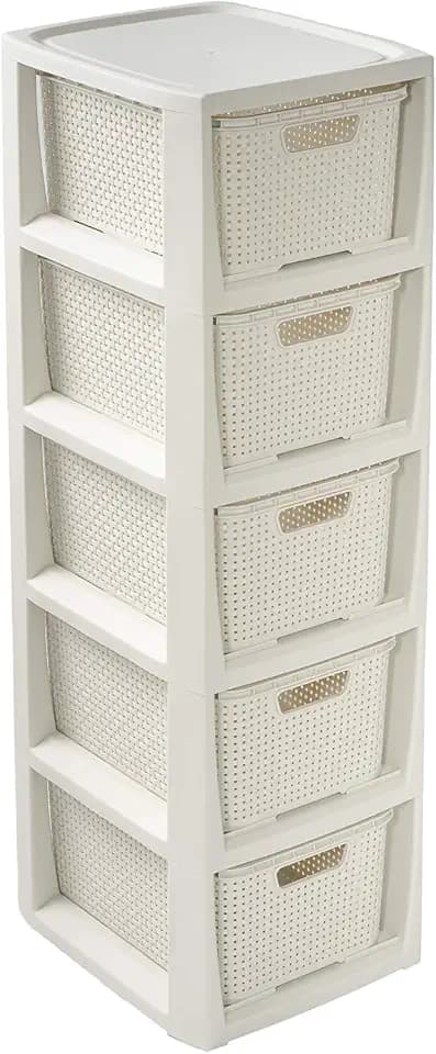 BranQ - Home essential Regal in Rattan Design, Creme, 5 Körben