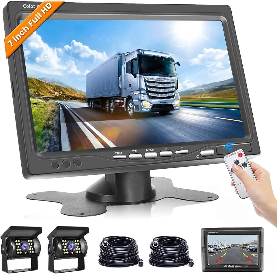 Dual Backup Camera Monitor System for Truck, RVs,-7 Inch LCD Screen with 2 Cameras, IP68 Waterproof, 18IR Night Vision, Rear View Camera 4-Pin Cable for Car, Trailer/Bus/Van/Caravan (12V-24V)