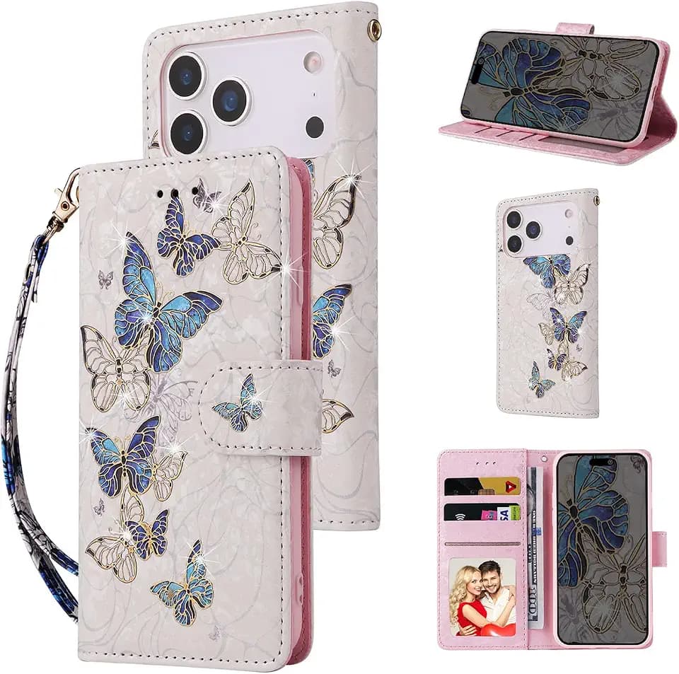 UEEBAI Wallet Case for iPhone 18 Pro Max/17 Pro Max, Leather Phone Cover Kickstand RFID Blocking Flip Case Card Slots Wrist Strap Engraved Pattern Magnetic Closure Flower Folio Wallet, Blue Butterfly
