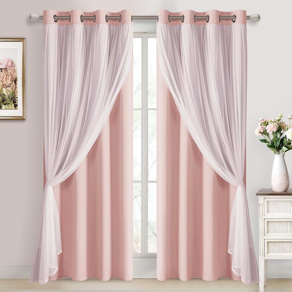 DWCN Pink Blackout Curtains with Sheer Overlay with Tiebacks 84 Inch Long