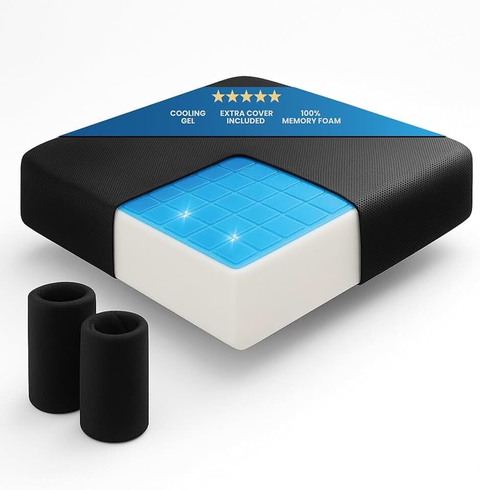 Premium-Kissen aus viskoelastischem Material und kühlendem Gel mit 2 Bezügen | Wasserdicht | Hoher Komfort bei längerer Nutzung | Bürostuhlkissen | 40x40x8 cm | Gaming-Stuhl