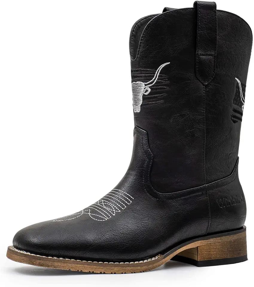 Winbird Cowboy Boots For Men Wide Square Toe Western Slip Resist Mens Boots