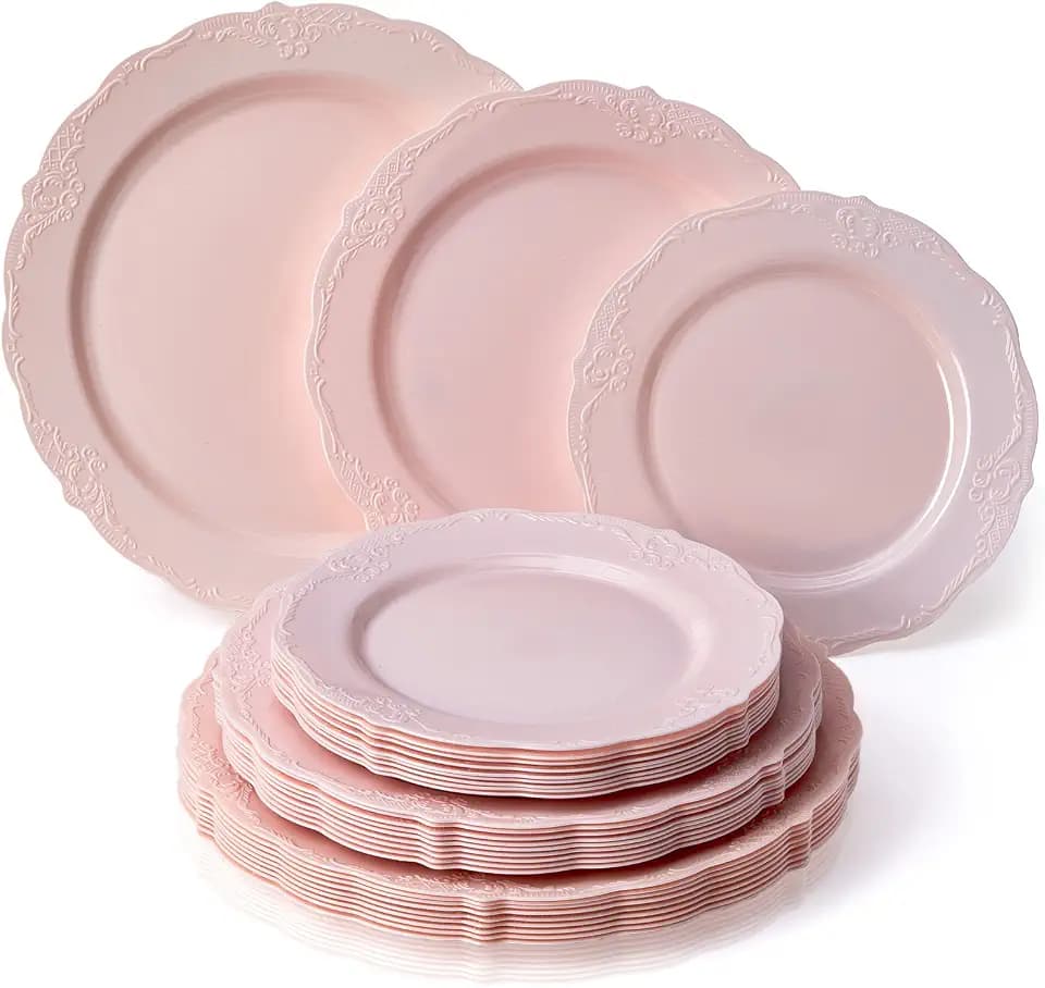 Vintage Collection Set of Blush Dinner, Salad & Dessert Plates - High Quality Embossed Rim Design Disposable Dinnerware - Great for Formal Dinners, Weddings, and Holidays (Set of 30)
