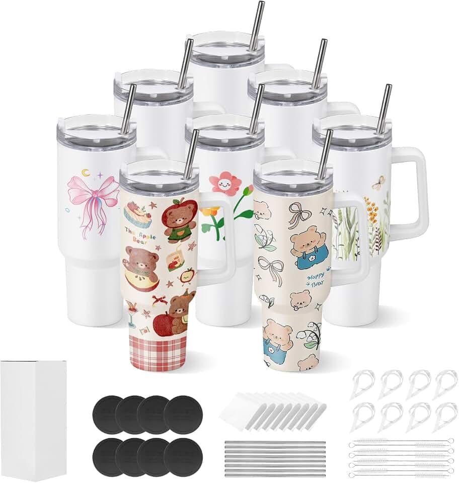 VEVOR Sublimation Tumblers, 8 Pack, 40 oz Tumblers Bulk with Handle, Stainless Steel Sublimation Cups with Lids and Straws, Double Wall Insulated Tumbler Blank, for DIY Personalized Customization