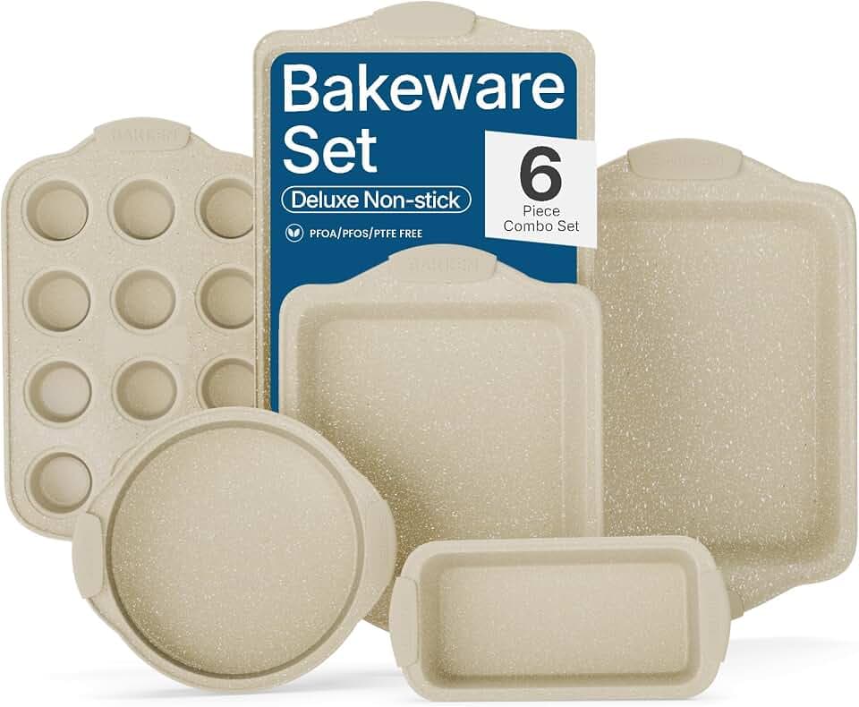 BAKKENMASTER 6-Piece Deluxe Nonstick Baking Pan Set - Professional Grade Carbon Steel Bakeware with White Marble Coating & Silicone Handles