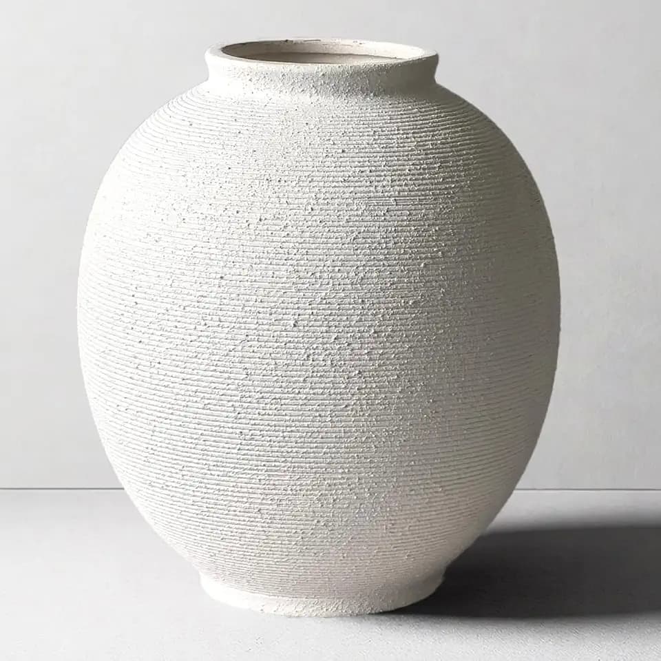White Ceramic Vase, 9.8" Large, Round, Sandstone White
