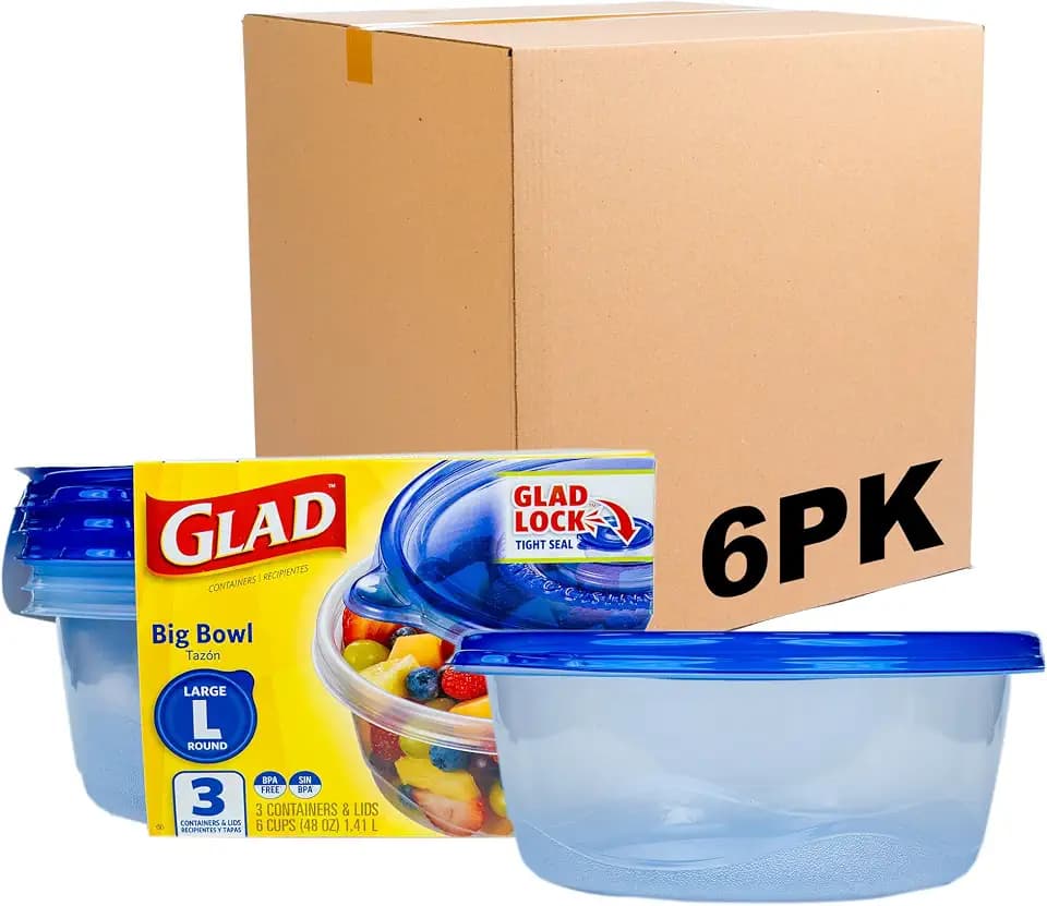 Glad GladWare Big Bowl Food Storage Containers, Large, 48 Oz, 3 Count, 6-Pk