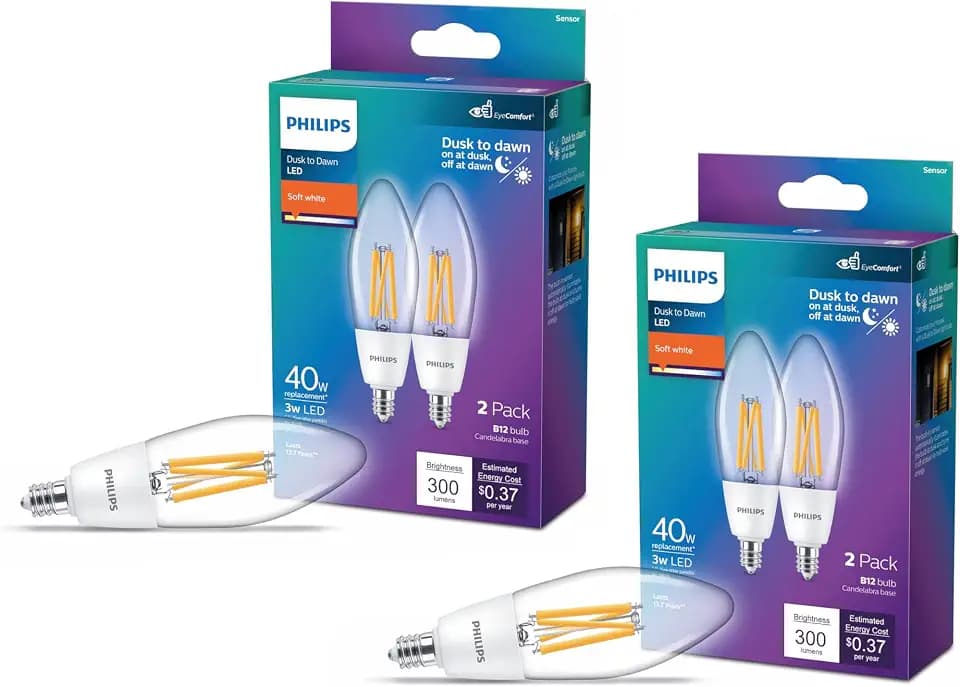 PHILIPS LED 40W B12 4-Pack Dusk to Dawn Soft White (2700K) 300 Lumen (3W = 40W) Clear Flicker-Free Candelabra Light Bulbs
