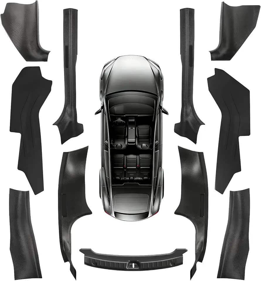 11PCS Carbon Fiber Door Sill Protector Model Y Juniper 2025 2026 8Pcs Door Sill Protector and 2Pcs Center Console Anti-Kick Pads and Rear Bumper Guard for Tesla Model Y Juniper Accessories