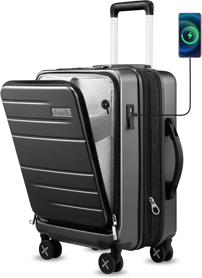 LUGGEX Carry On Luggage with Compartment, Expandable Polycarbonate Suitcase with Wheels (Black, 20 Inch, 36.1L)