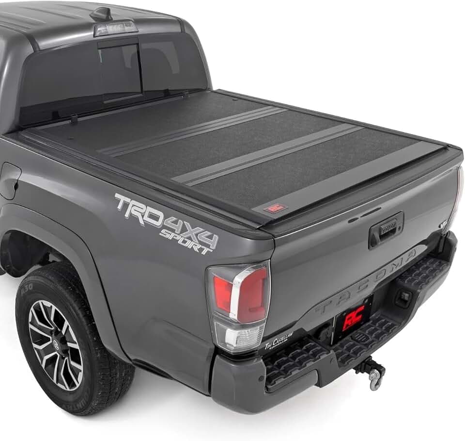 Rough Country Hard Low-Profile Tri-Fold Tonneau Cover for Toyota Tacoma (2016–2023) - Low-Profile Aluminum Truck Bed Cover, Fits 6' Bed (72.5")