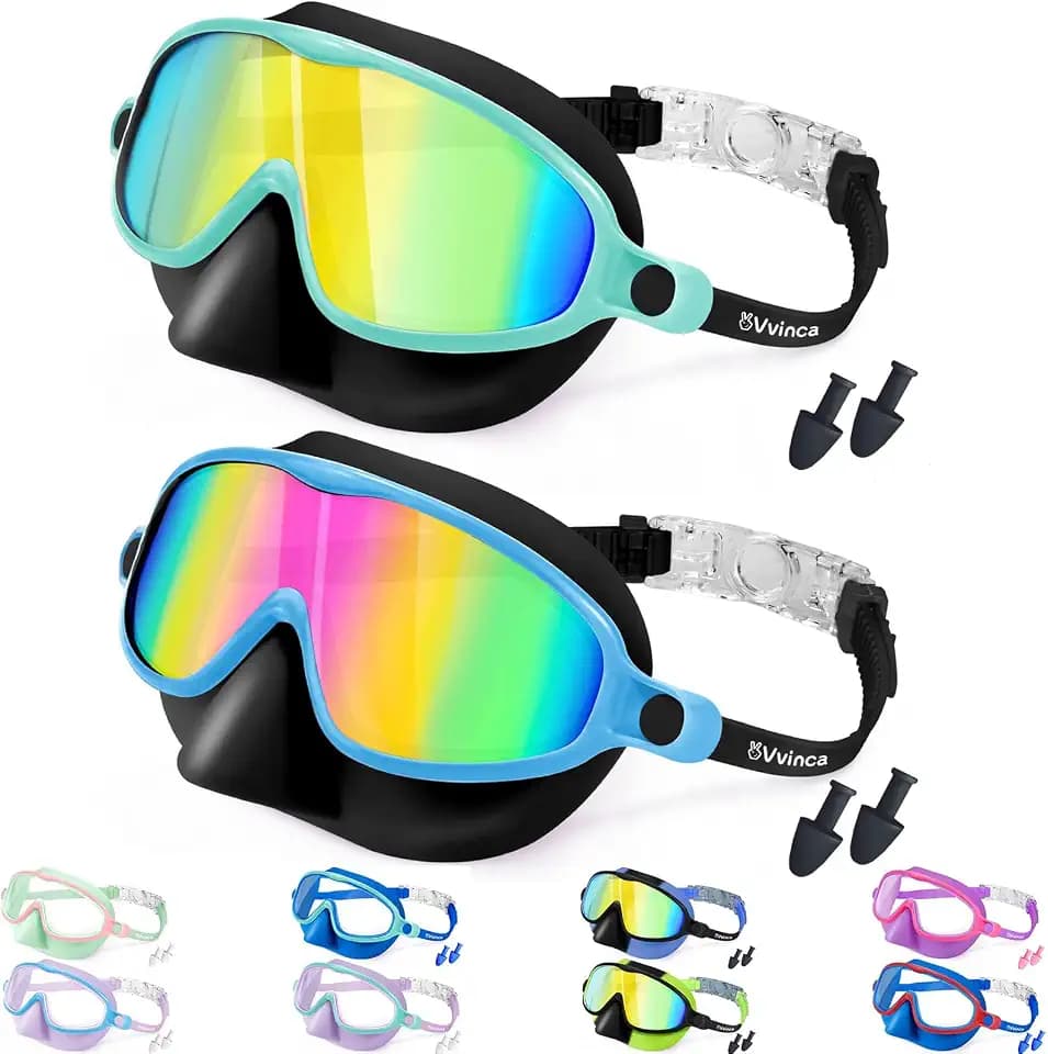 Vvinca Kids Swim Goggles with Nose Cover 2 Pack for 3-15 Anti-Fog Wide View