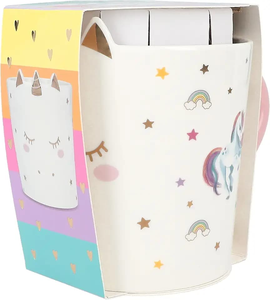 Depesche 13069 Ylvi Becher Einhorn - Tasse in Weiß mit goldenem Einhorn-Aufdruck und Spruch, Trinkbecher aus Porzellan mit rosa Henkel, Füllmenge ca. 300 ml