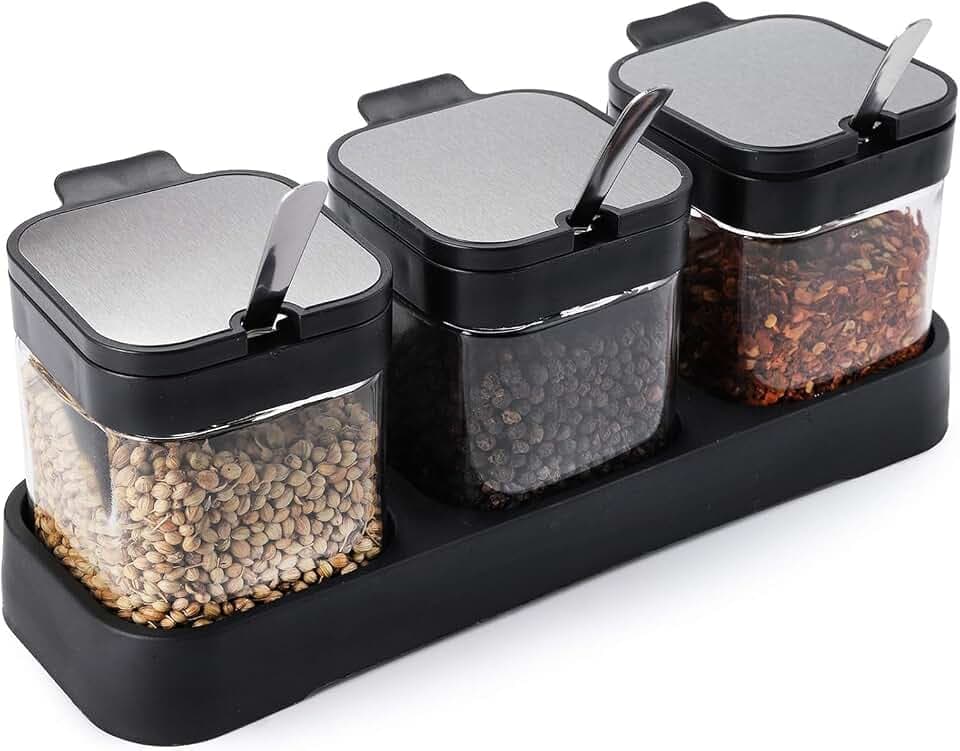 WUWEOT Gewürzbehälter 3er Set aus Glas 250 ml Gewürzgläser Gewürzdosen Gewürzständer Glasgewürzbox Zucker- und Salzdosen-Set mit Deckel Löffel und Halter für Küche und Esstisch Schwarz