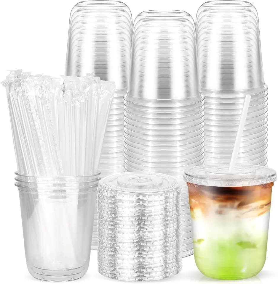 100 Pack 12 oz Plastic Cups with Lids and Straws, Disposable Clear Cups