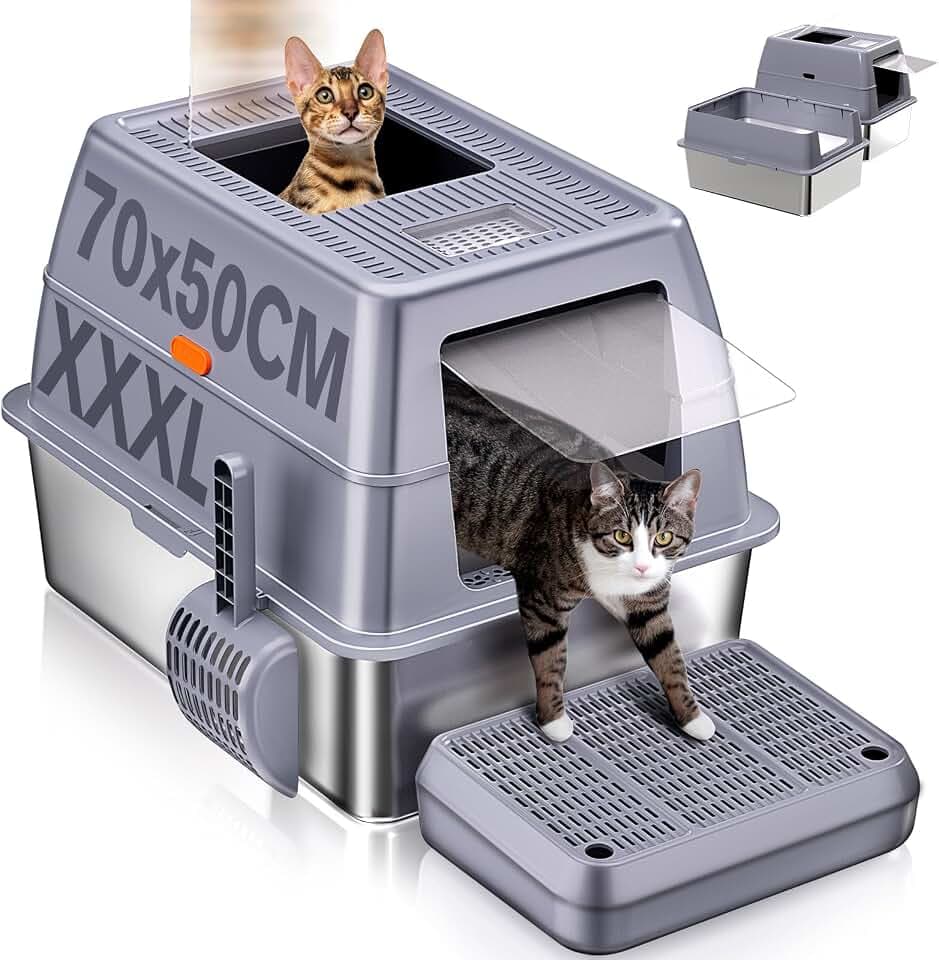 XXXL Katzenklo Edelstahl mit Deckel 70x50x45 cm 90 L extra groß Katzentoilette Edelstahl für große Katzen & Mehrkatzenhaushalte, geschlossenes/Offen, leicht zu reinigen, Anti-Leck, mit Pedal