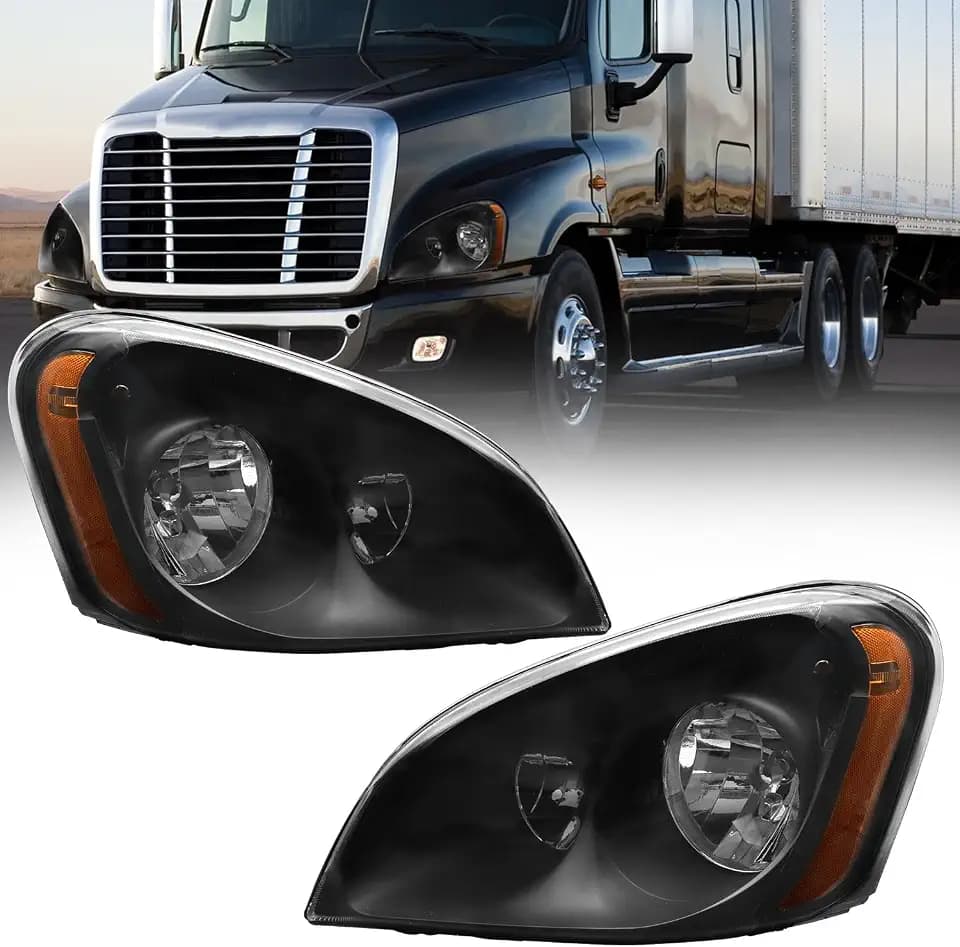 Headlights Assembly Fit For 2008-2016 Freightliner Cascadia,Black Housing Headlamps,Left and Right Pair Set, Including Halogen bulbs