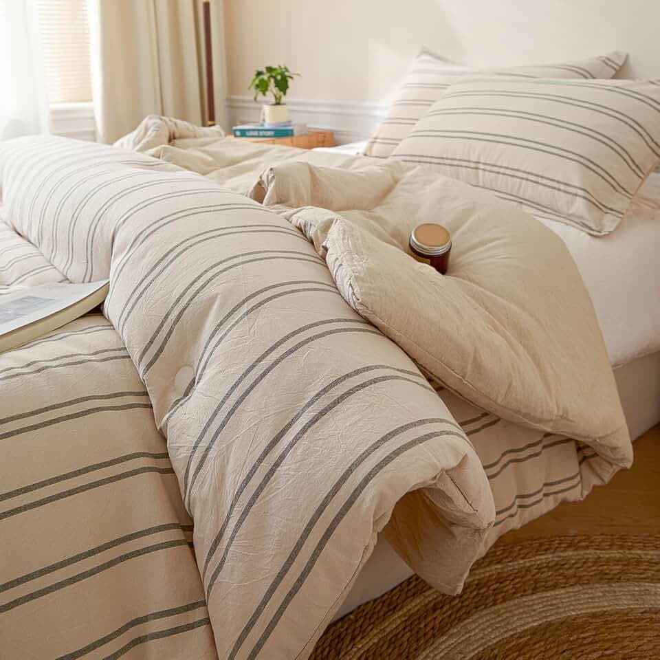 Cyusri Cotton Stripe Queen Comforter Set - Soft Lightweight Bedding 3 Pieces Dyed Bed Set with 2 Pillow Shams,Reversible All Season Farmhouse Down Alternative(Queen Size 90"x90" Beige)