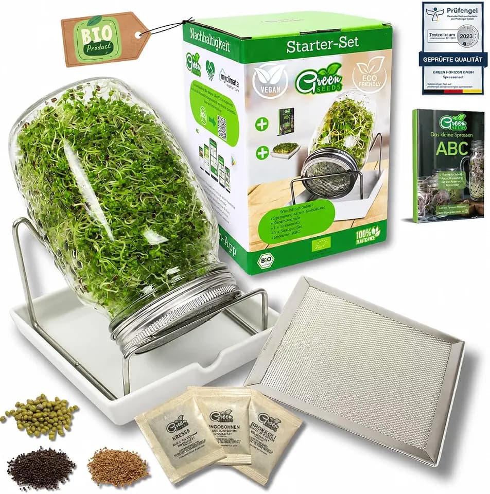 Green SEEDS® [Das Original Sprossenglas Starter-Set + KRESSESIEB | 1000ml mit hochwertigem Edelstahl-Gitterdeckel, Ständer, Keramikschale + Sprossen-ABC [Druckversion] Keimglas Anzuchtschale