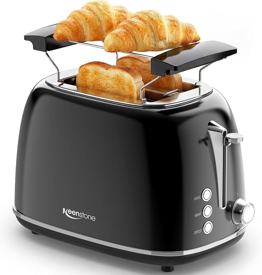 Keenstone Toaster 2 Scheiben, Retro Edelstahl Toaster mit breitem Schlitz, 6 Bräunungsstufen, mit Warmhalterost, Aufwärm- & Auftaufunktion, für Toast und Brot, herausnehmbare Krümelschublade