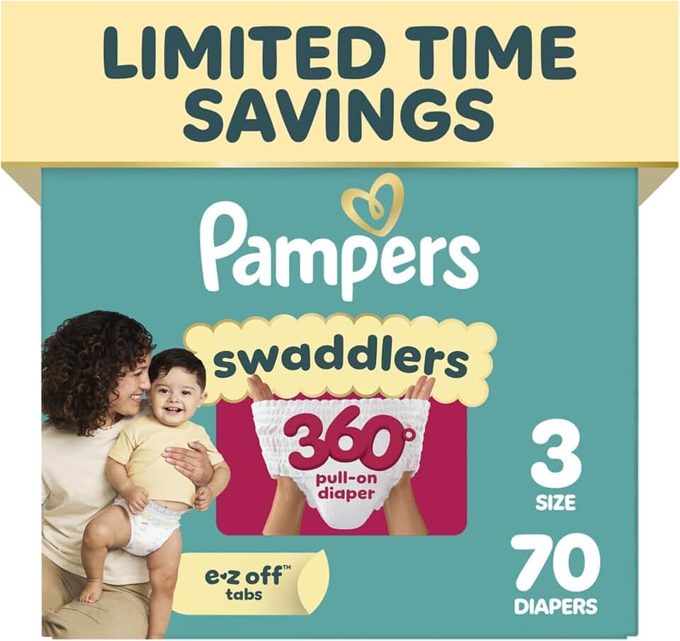 Pampers Diapers - Swaddlers 360° - Size 3, 70 Count, up to 100% Leakproof Comfy Dry Fit, Designed for Easy Changes, Pull On Baby Diaper