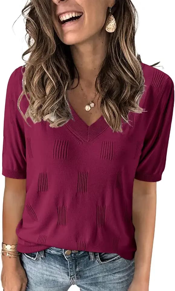 Arach&Cloz Pullover Damen Kurzarm V Ausschnitt Sommer Frühling Bluse Strickpullover Basic Oberteile Strick Tops