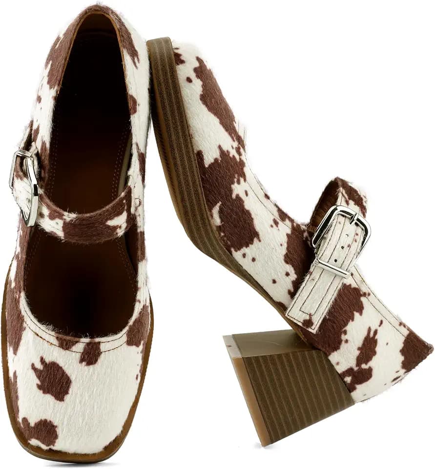 Mary Jane Heels for Women, Square Toe Pumps, Buckle Strap, Chunky Heel