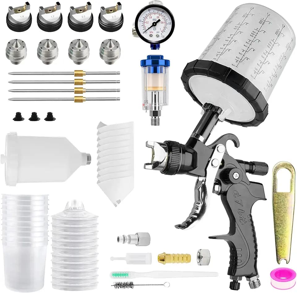 HVLP Spritzpistole mit 10 Stück 650ML Einwegbechern Spritzpistole Cups Lackierpistole Spritzpistole 4 Düsen 1,4mm 1,7mm 2,0mm 2,5mm Lackierpistole Druckluft Schwerkraft Sprühgeräte (schwarz)
