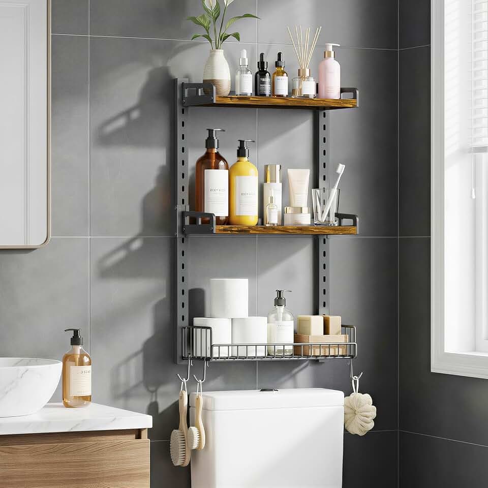 Kalrin 3 Tier Bathroom Shelves Over Toilet - Wall Mounted Floating Shelves with Drain Basket, Toilet Paper Storage, Height Adjustable Over The Toilet Storage, Vintage Brown