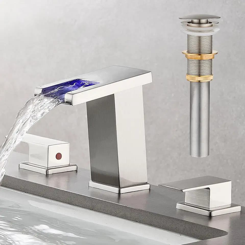 AVSIILE LED Bathroom Faucet 3 Hole, Brushed Nickel Waterfall Faucets