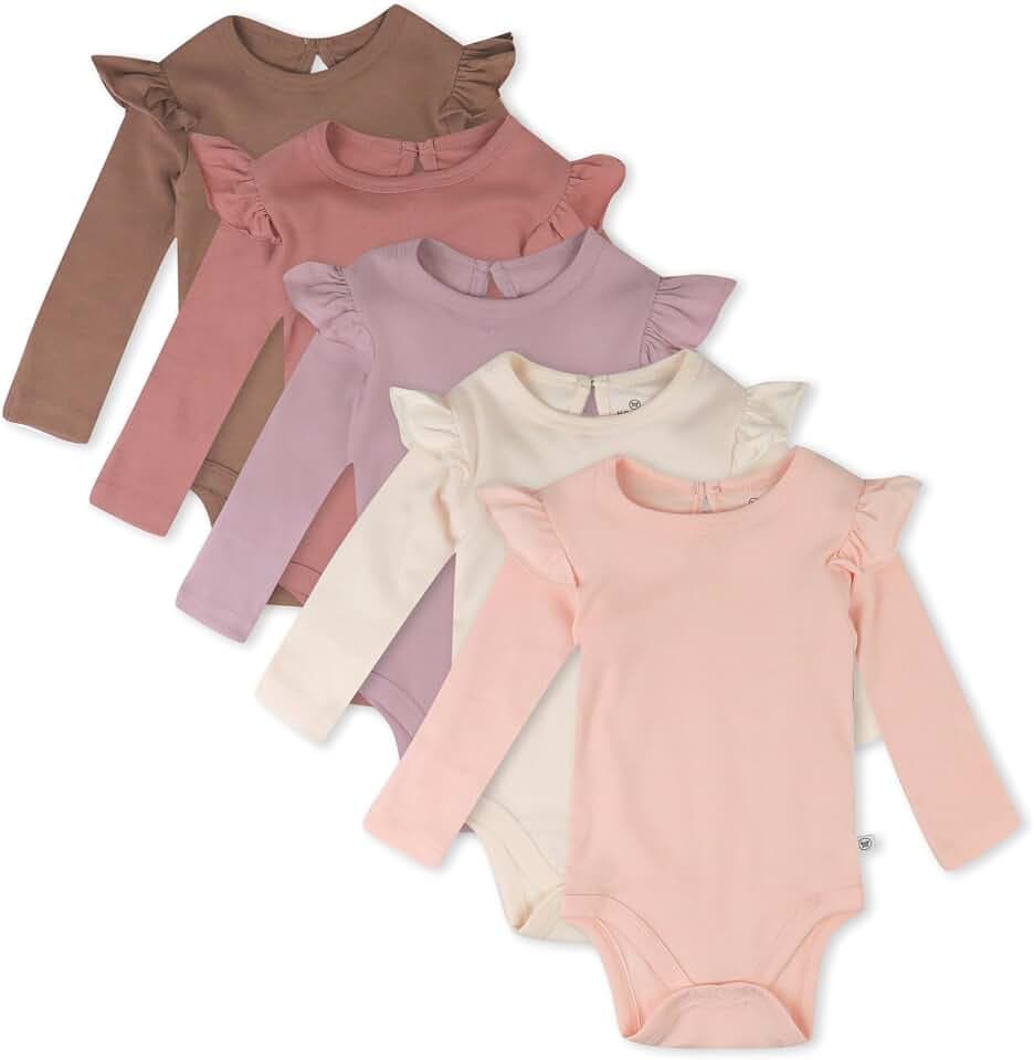 HonestBaby Baby Girls' 5-pack Long Sleeve Ruffle Shoulder Bodysuits 100% Organic Cotton for Infant Baby Girls
