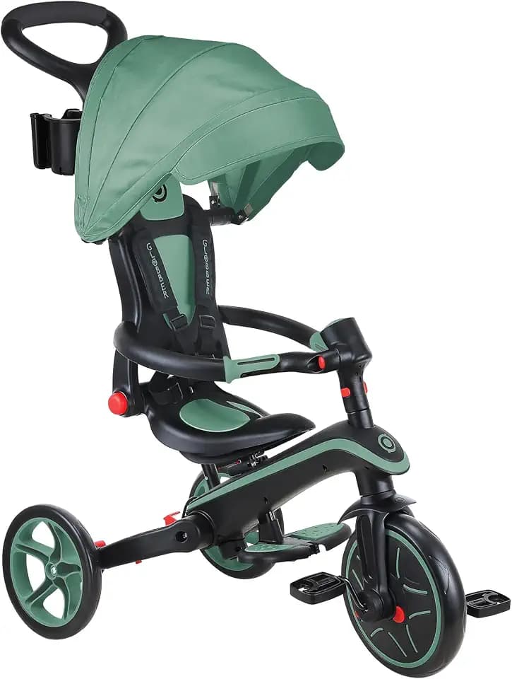 GLOBBER Explorer Trike Foldable 4in1 - Oliv grün - Dreirad, Laufrad und Kinderwagen in 10/8,5 Zoll - TPR-Sitz - höhenverstellbares Kinderfahrzeug