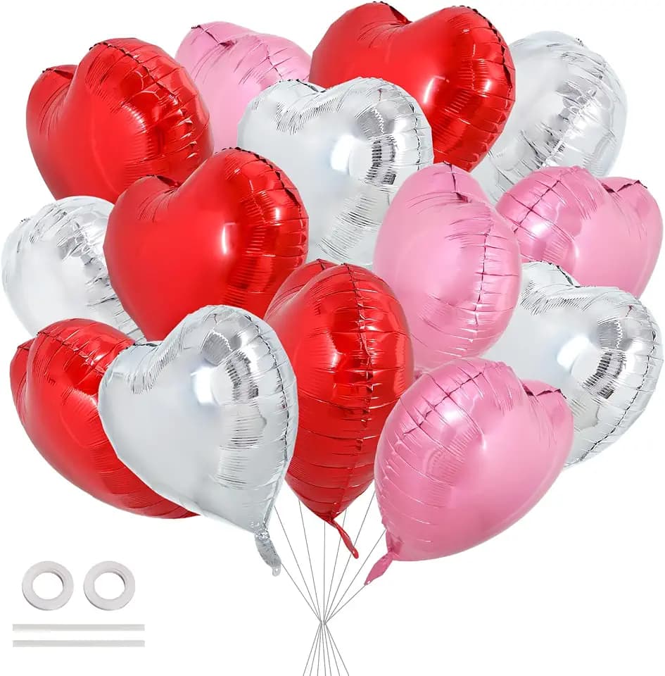 TONIFUL 30 Pcs 18 Inch Red Silver Pink Heart Shape Foil Mylar Balloons