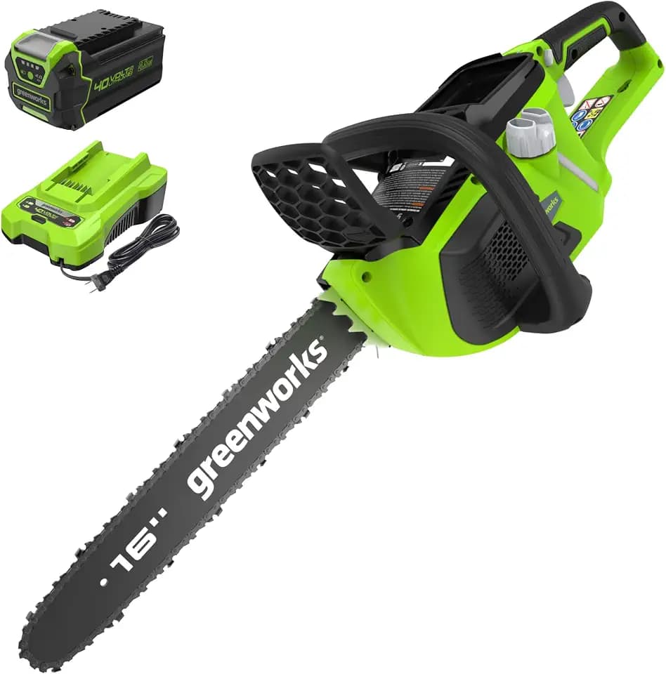 Greenworks 40V 16" Brushless Cordless Chainsaw, 4.0Ah Battery and Charger Included, Black/Green