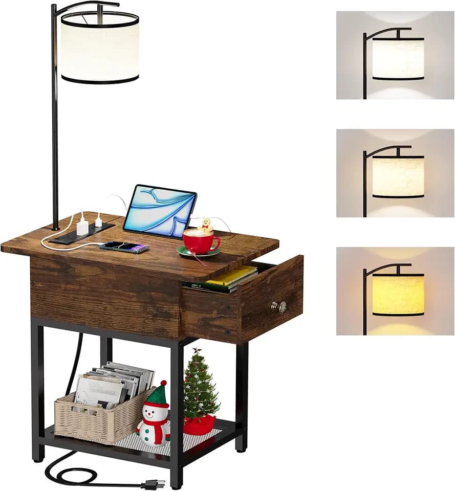 runjuly Floor Lamp with Table, Narrow Side Table with Charging Station