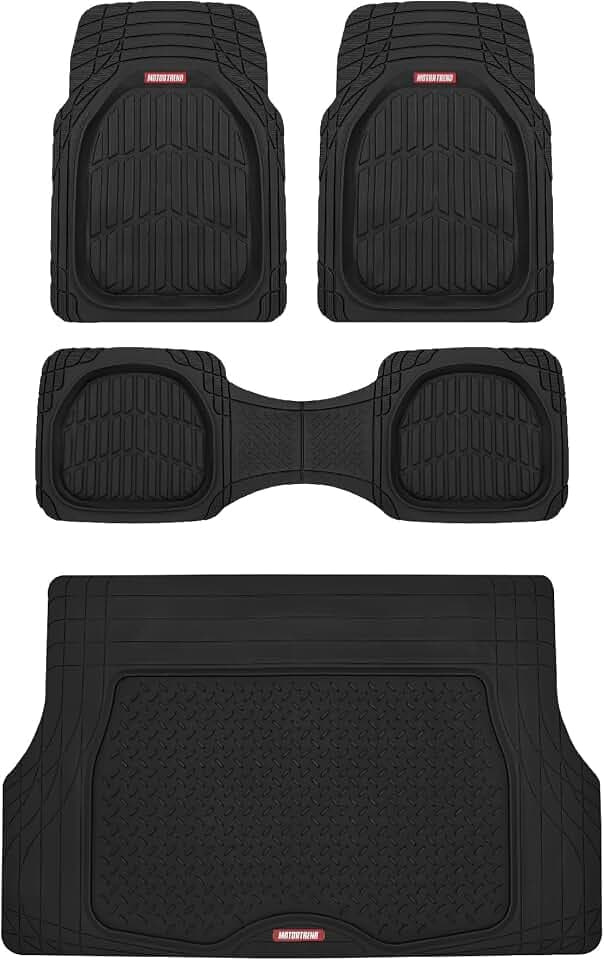 Motor Trend FlexTough 4-Piece Heavy Duty Floor Mats for Cars Trucks SUVs, Automotive Floor Mats Car Mats Full Set Front, Rear & Cargo, Trim-To-Fit Semi-Custom Deep Dish All Weather Rubber Mats - Black