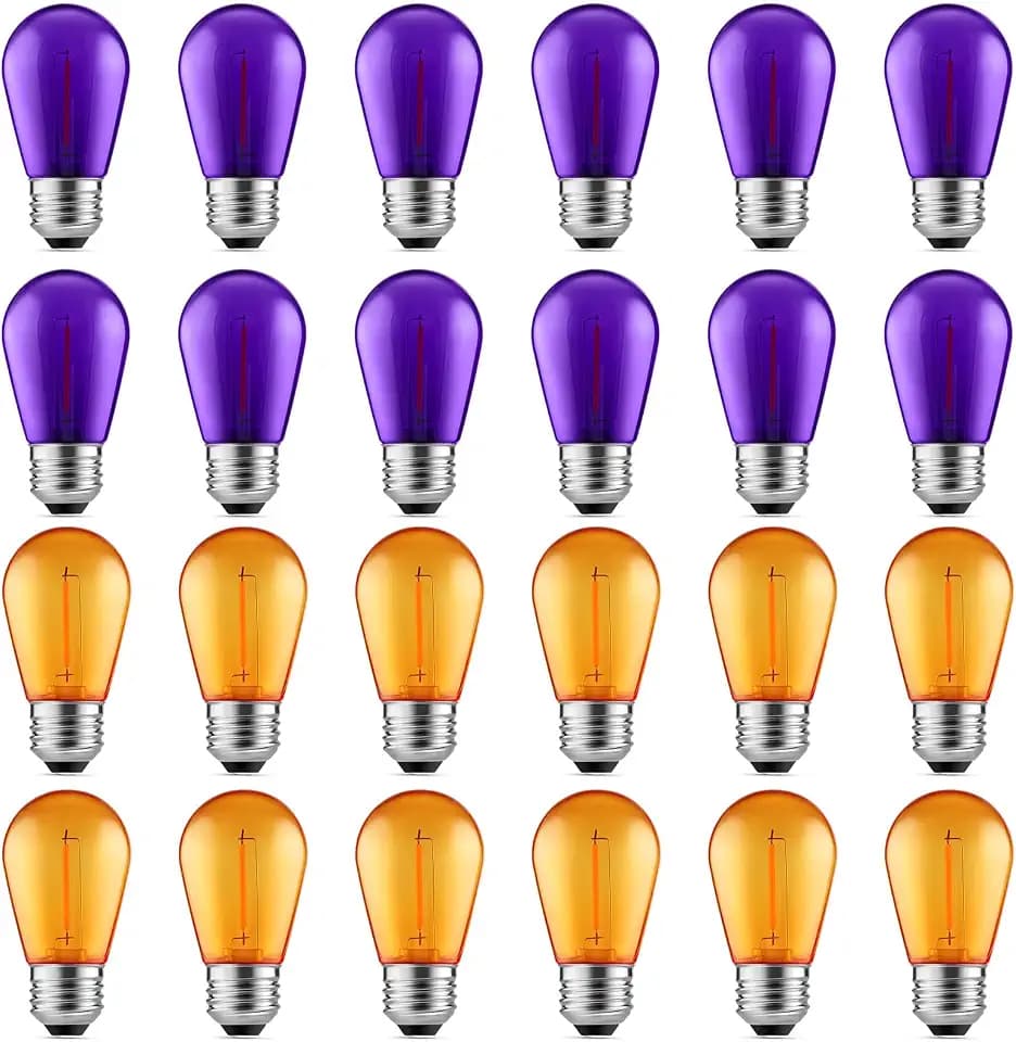 Meconard 24 Pack S14 Purple and Orange Light Bulbs for Halloween Decoration