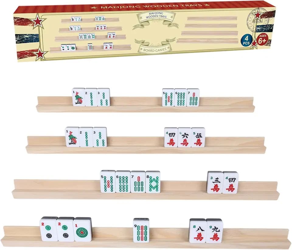 GOTHINK Wooden Mahjong Tiles Trays/Racks/Holders Set of 4, Upgrade Your Mahjong Game, Racks for Mahjong, Mexican Train, Dominoes, and More (Rack Only)